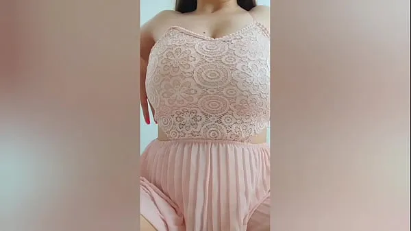 Big Young cutie in pink dress playing with her big tits in front of the camera - DepravedMinx fine Movies
